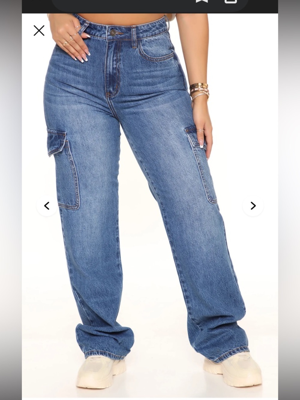 Fashion Nova End Of Day Streetwear Boho Cargo Jeans in Medium Blue Denim